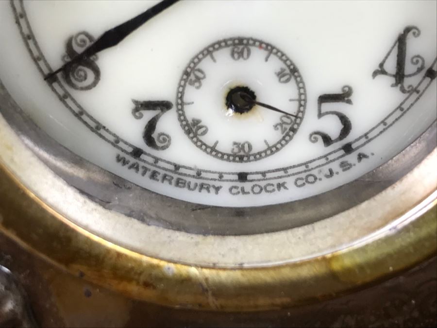 Old Metal Relief Clock Case By W. B. Mfg Co 556 With Porcelain Face Waterbury Clock Co Clock Face - Not Working [Photo 7]