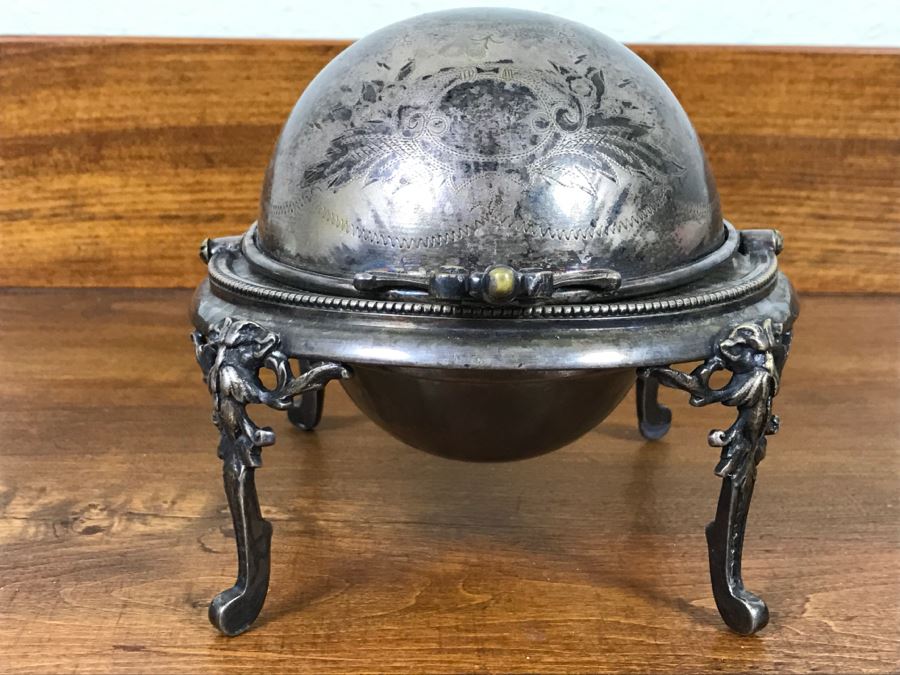 Ornate Silver On Copper Footed Round Bowl With Chased Design And Hinged Cover Polish Warsaw Stamped B. Henneberg Warszawa 2500