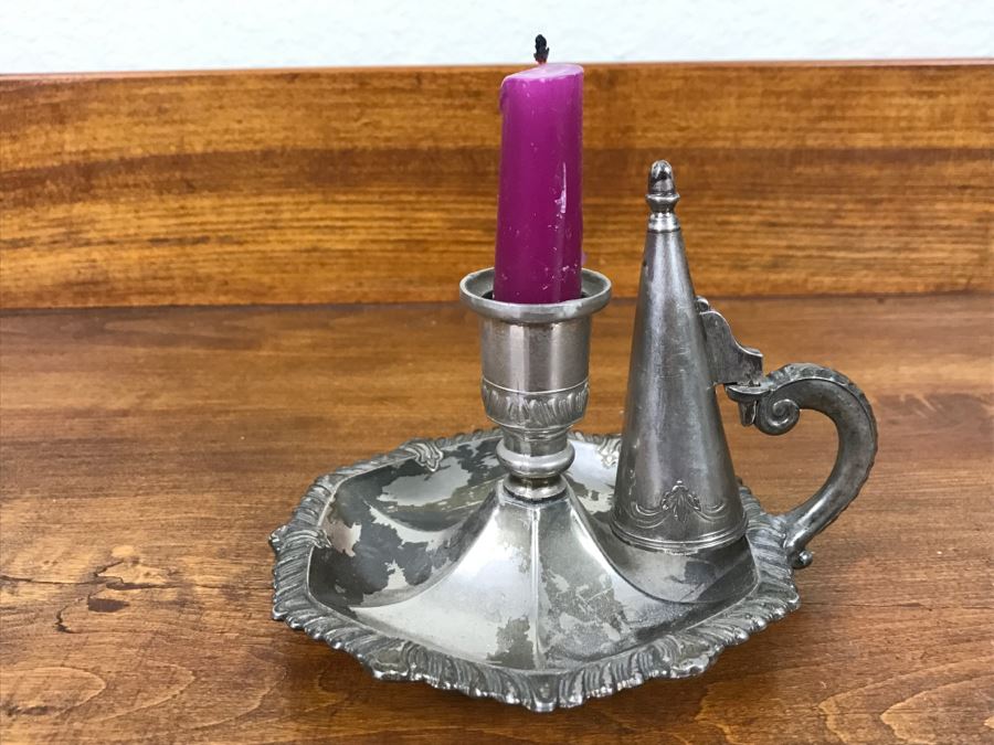 Vintage Candle Holder With Snuffer Marked Leonard