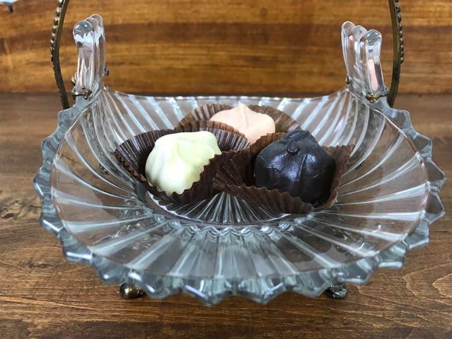 Footed Glass Candy Dish Basket With Ornate Floral Motif Metal Handle [Photo 6]