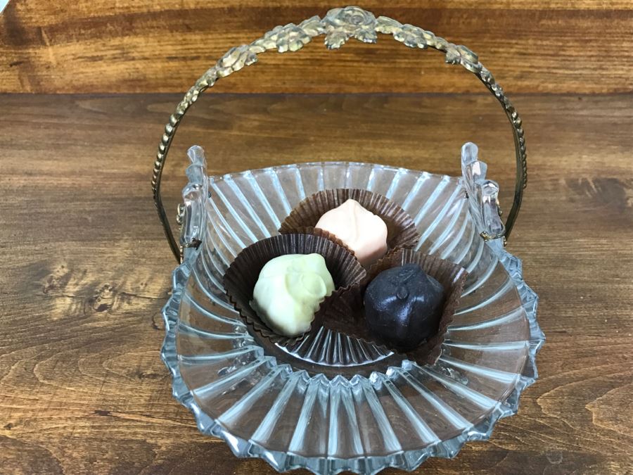 Footed Glass Candy Dish Basket With Ornate Floral Motif Metal Handle [Photo 5]