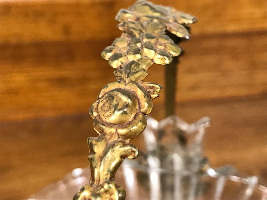 Footed Glass Candy Dish Basket With Ornate Floral Motif Metal Handle [Photo 10]