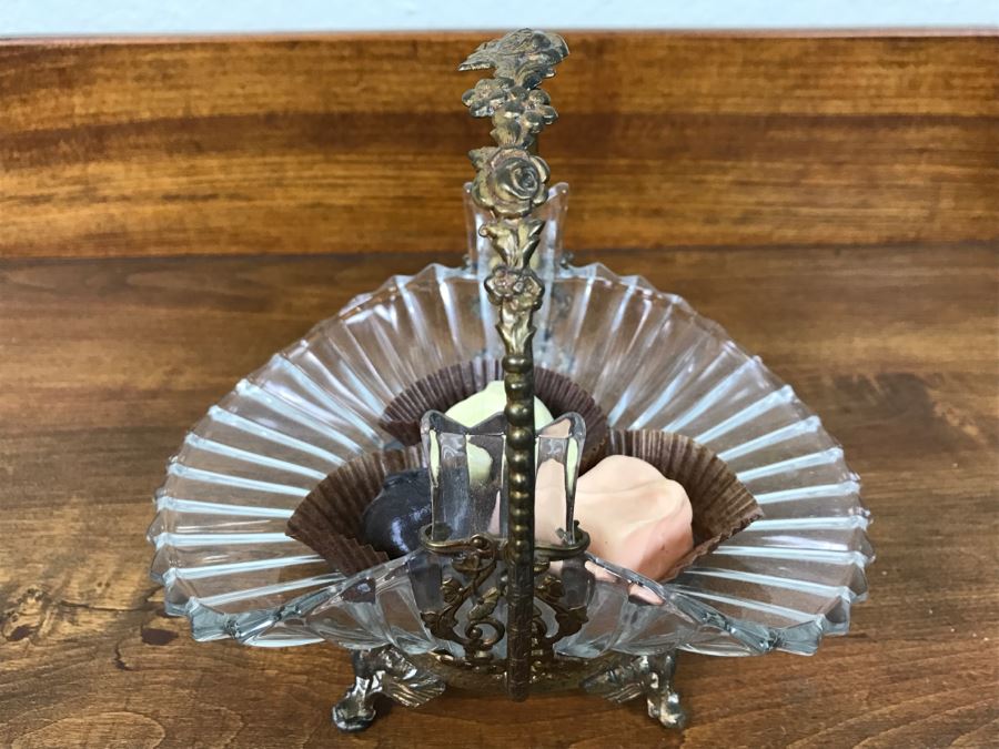 Footed Glass Candy Dish Basket With Ornate Floral Motif Metal Handle [Photo 2]