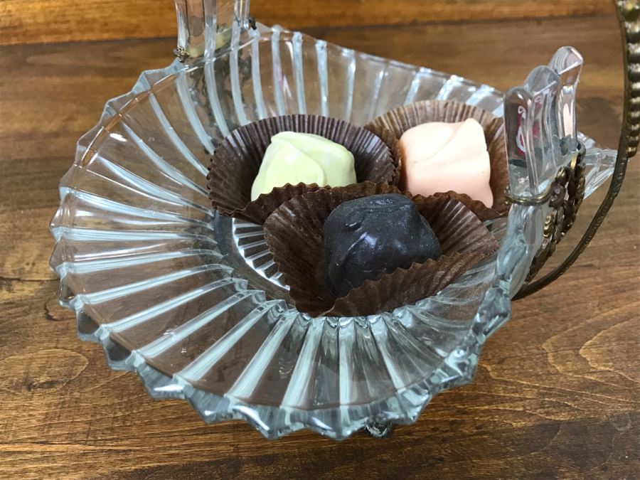 Footed Glass Candy Dish Basket With Ornate Floral Motif Metal Handle [Photo 4]