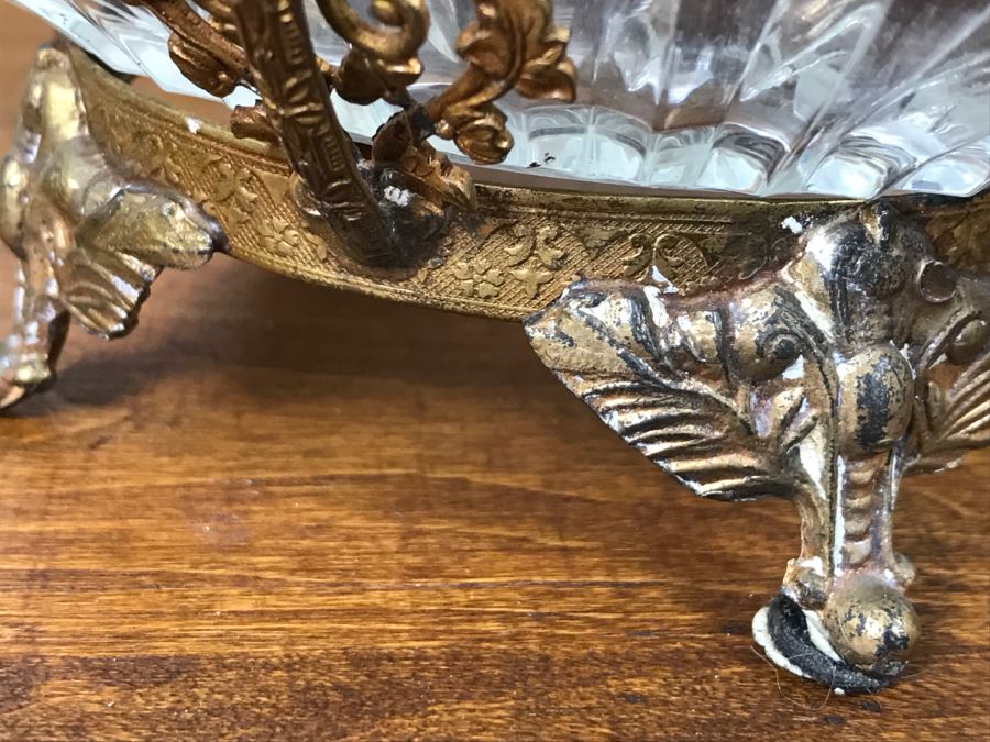 Footed Glass Candy Dish Basket With Ornate Floral Motif Metal Handle [Photo 9]