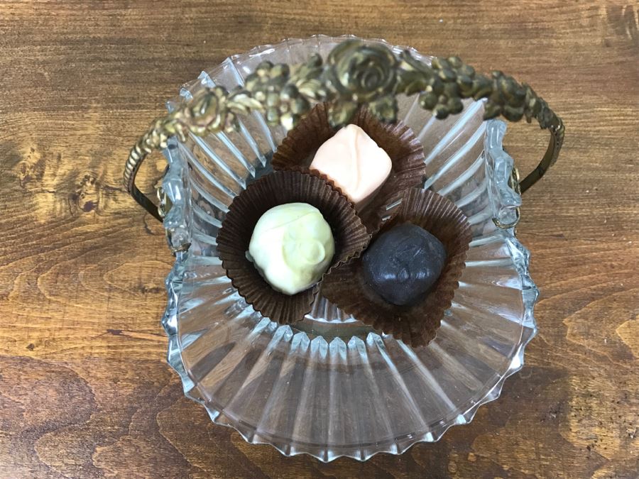 Footed Glass Candy Dish Basket With Ornate Floral Motif Metal Handle [Photo 7]