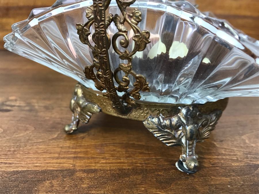 Footed Glass Candy Dish Basket With Ornate Floral Motif Metal Handle [Photo 8]