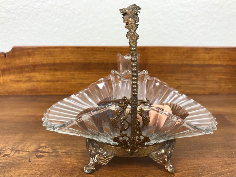 Footed Glass Candy Dish Basket With Ornate Floral Motif Metal Handle
