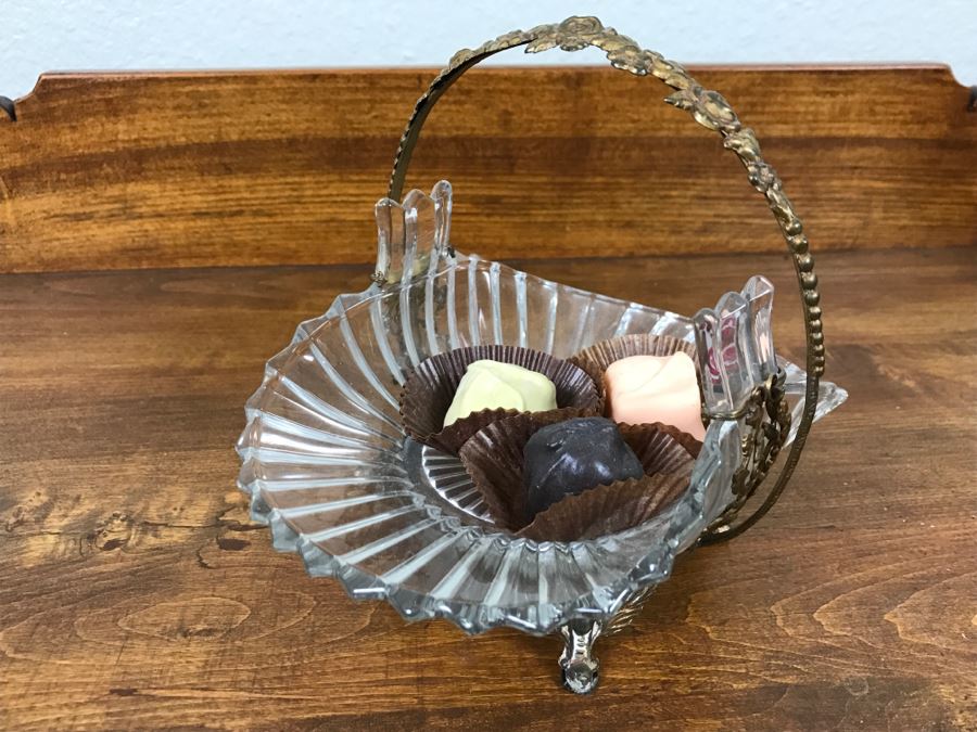 Footed Glass Candy Dish Basket With Ornate Floral Motif Metal Handle [Photo 3]