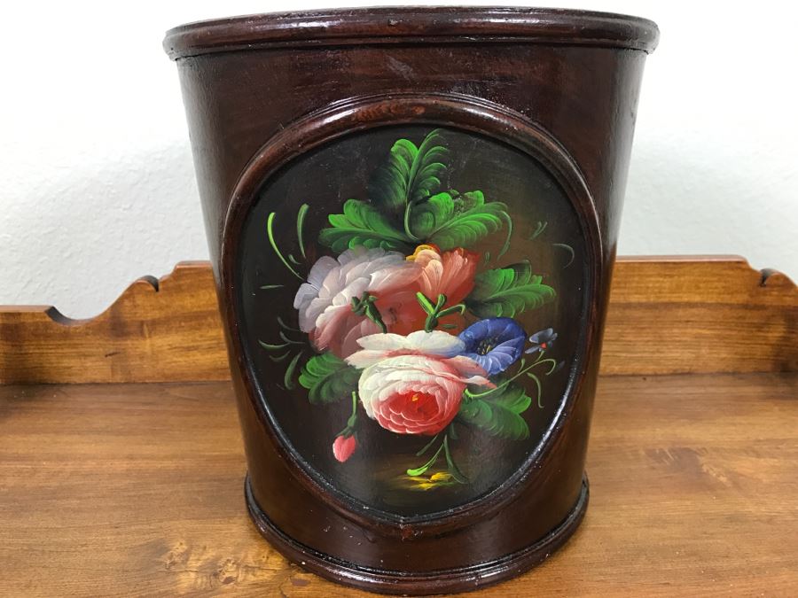 Vintage Hand Painted Floral Waste Basket [Photo 1]