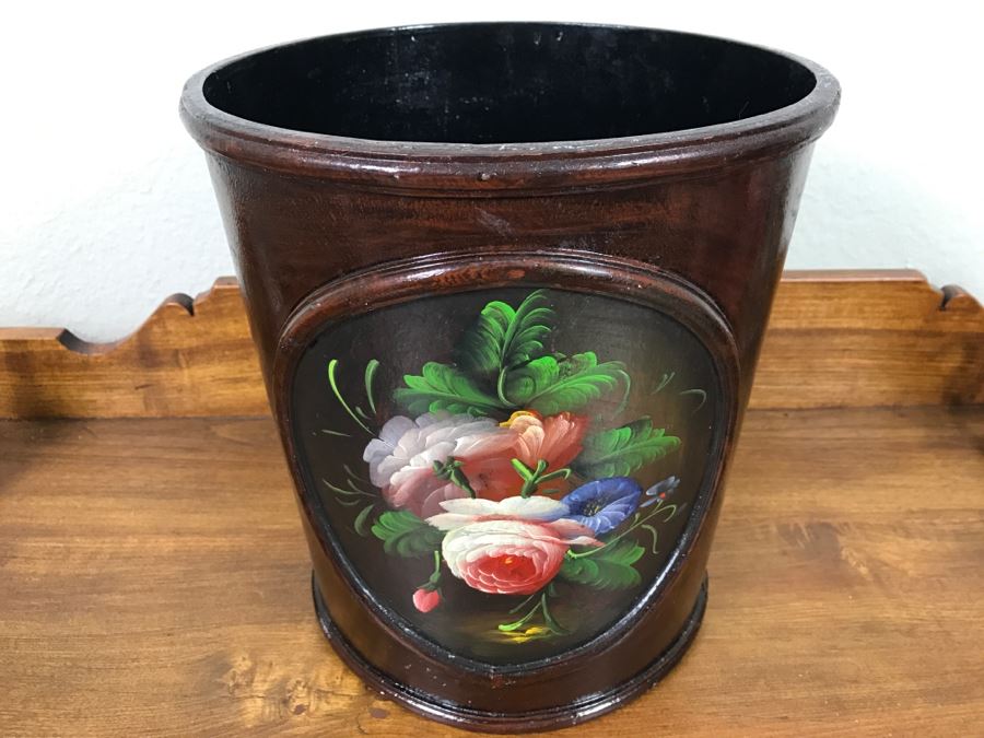 Vintage Hand Painted Floral Waste Basket [Photo 3]