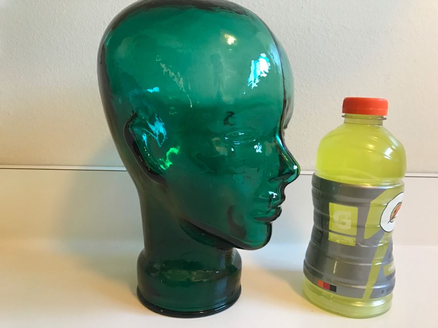 JUST ADDED - Vintage Green Glass Mannequin Head Hat Display [Photo 1]