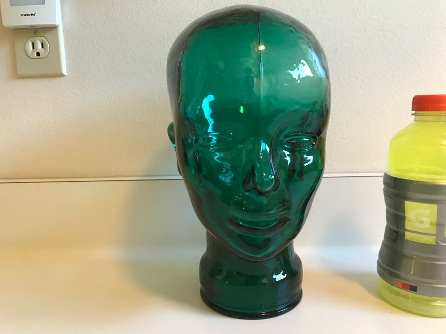 JUST ADDED - Vintage Green Glass Mannequin Head Hat Display [Photo 4]