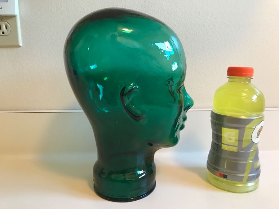 JUST ADDED - Vintage Green Glass Mannequin Head Hat Display [Photo 2]