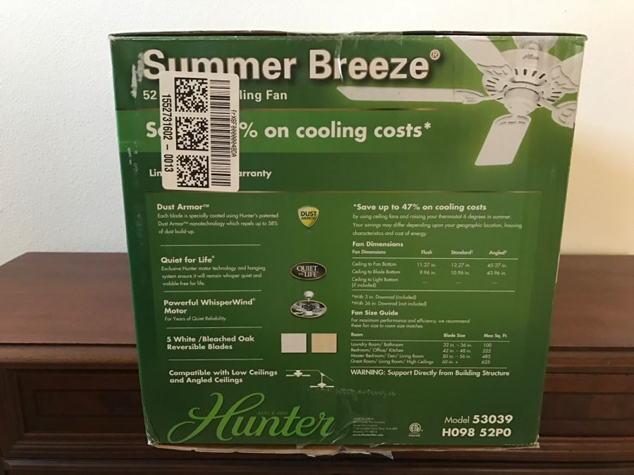 JUST ADDED - New In Box Hunter 52' White Ceiling Fan Summer Breeze Model 53039 [Photo 7]