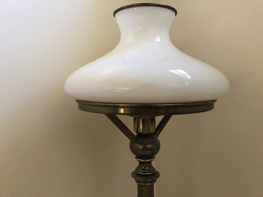 JUST ADDED - Vintage Brass Table Lamp With White Glass Shade [Photo 4]