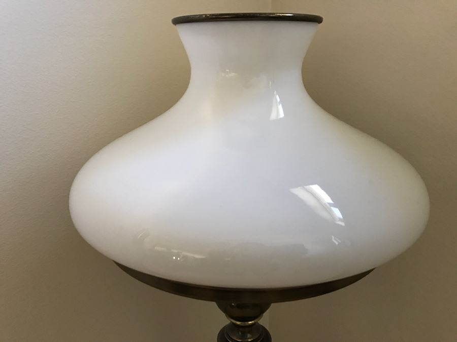 JUST ADDED - Vintage Brass Table Lamp With White Glass Shade [Photo 3]