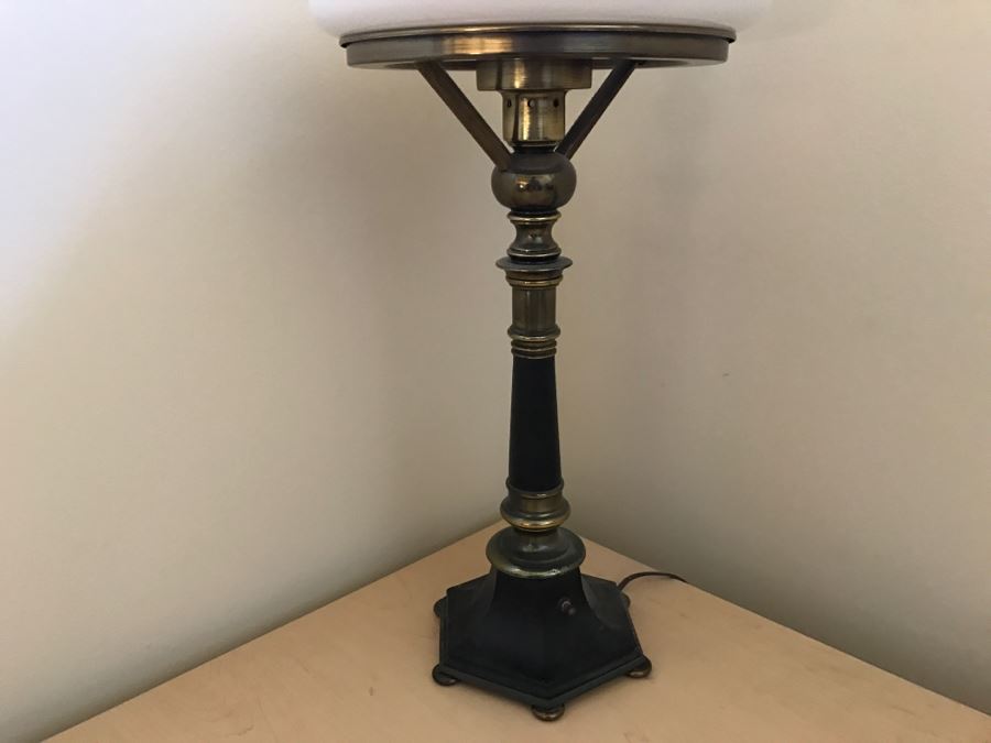 JUST ADDED - Vintage Brass Table Lamp With White Glass Shade [Photo 5]
