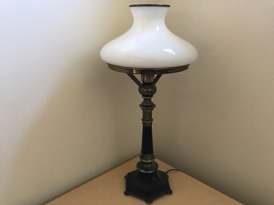 JUST ADDED - Vintage Brass Table Lamp With White Glass Shade [Photo 1]