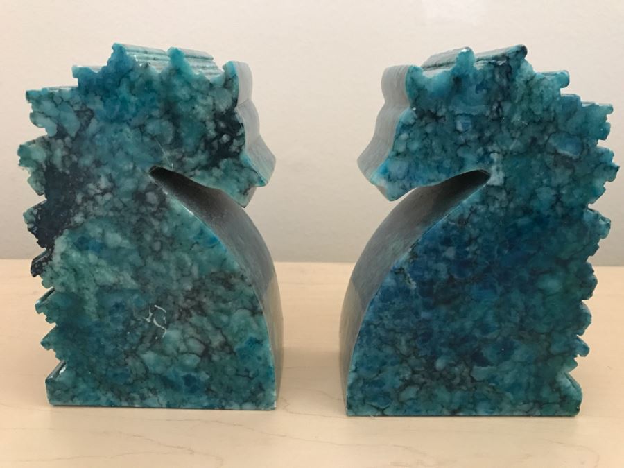 JUST ADDED - Pair Of Vintage Genuine Alabaster Hand Carved In Italy Seahorse Bookends [Photo 4]