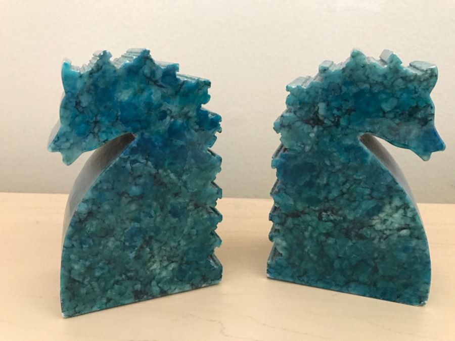 JUST ADDED - Pair Of Vintage Genuine Alabaster Hand Carved In Italy Seahorse Bookends [Photo 2]