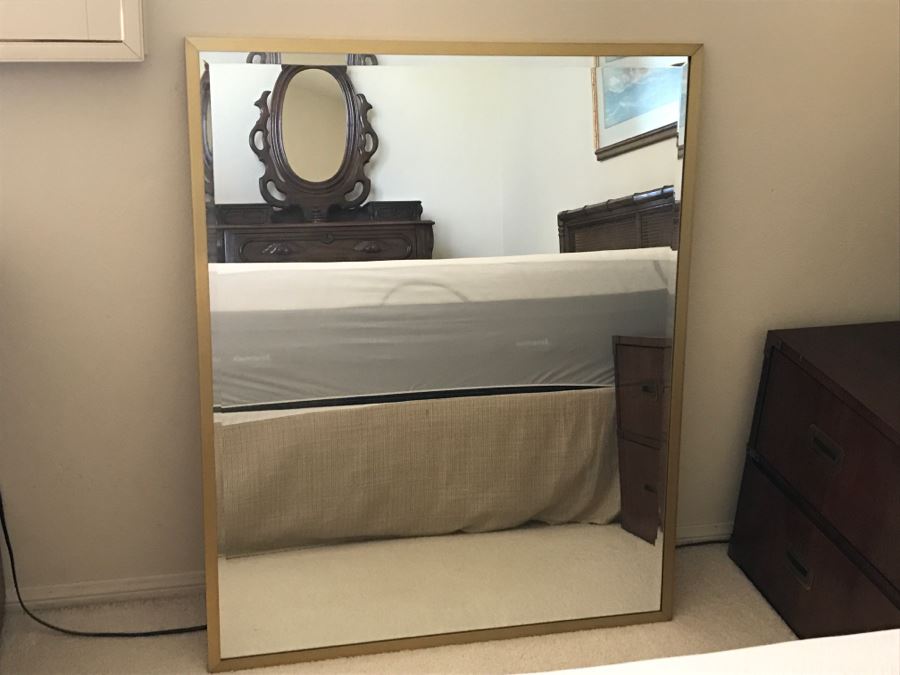 JUST ADDED - Large Beveled Glass Wall Mirror With Gold Trim Frame