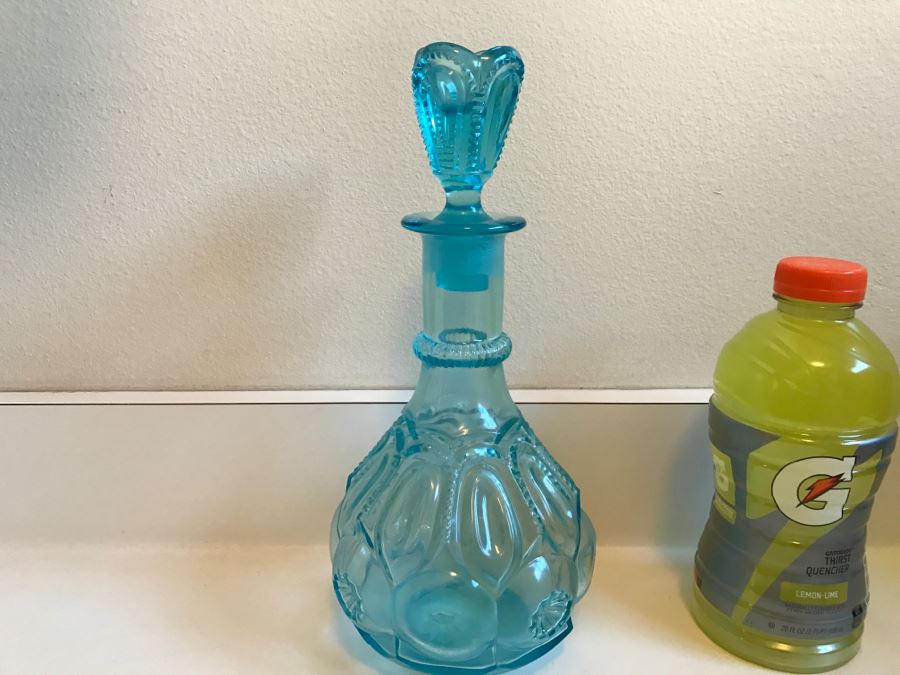JUST ADDED - Clear Blue Glass Decanter - Stopper Has Slight Chip On Bottom