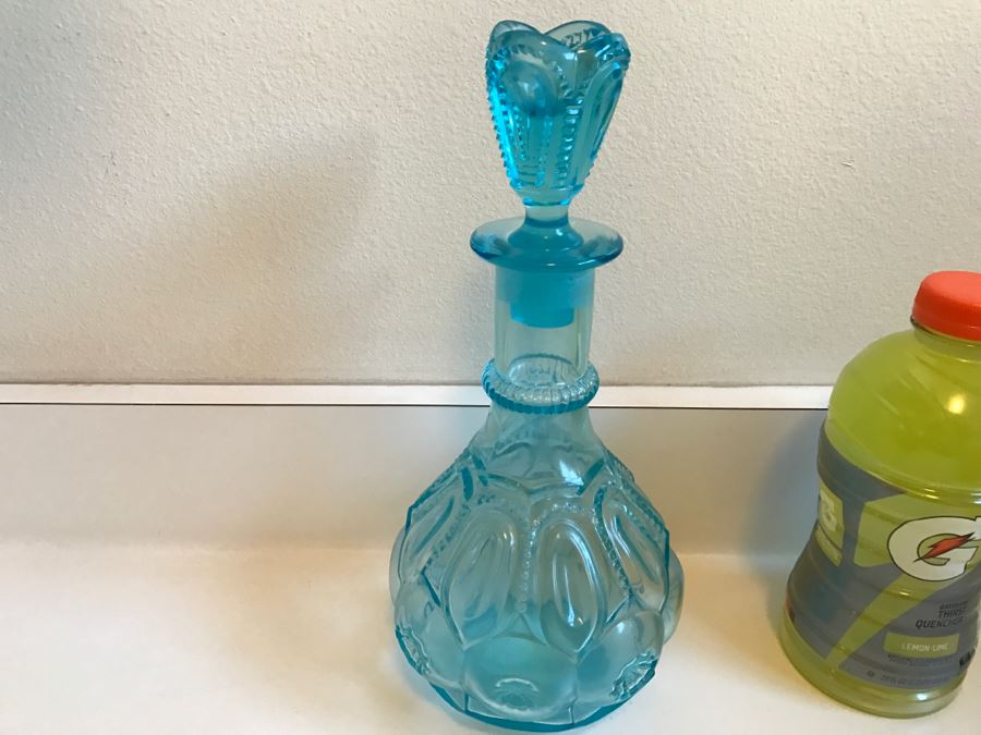 JUST ADDED - Clear Blue Glass Decanter - Stopper Has Slight Chip On Bottom [Photo 2]