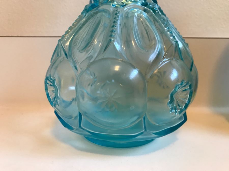 JUST ADDED - Clear Blue Glass Decanter - Stopper Has Slight Chip On Bottom [Photo 4]