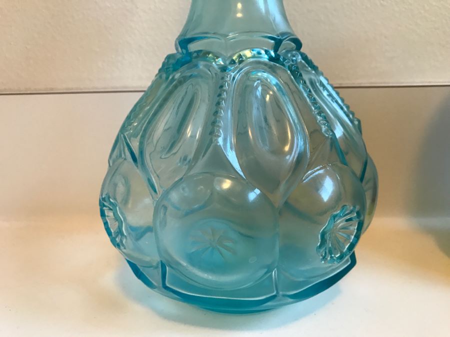 JUST ADDED - Clear Blue Glass Decanter - Stopper Has Slight Chip On Bottom [Photo 3]