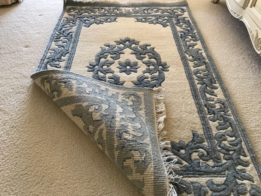JUST ADDED - Vintage Blue And White Wool Knotted Rug Apx 6' Long [Photo 1]