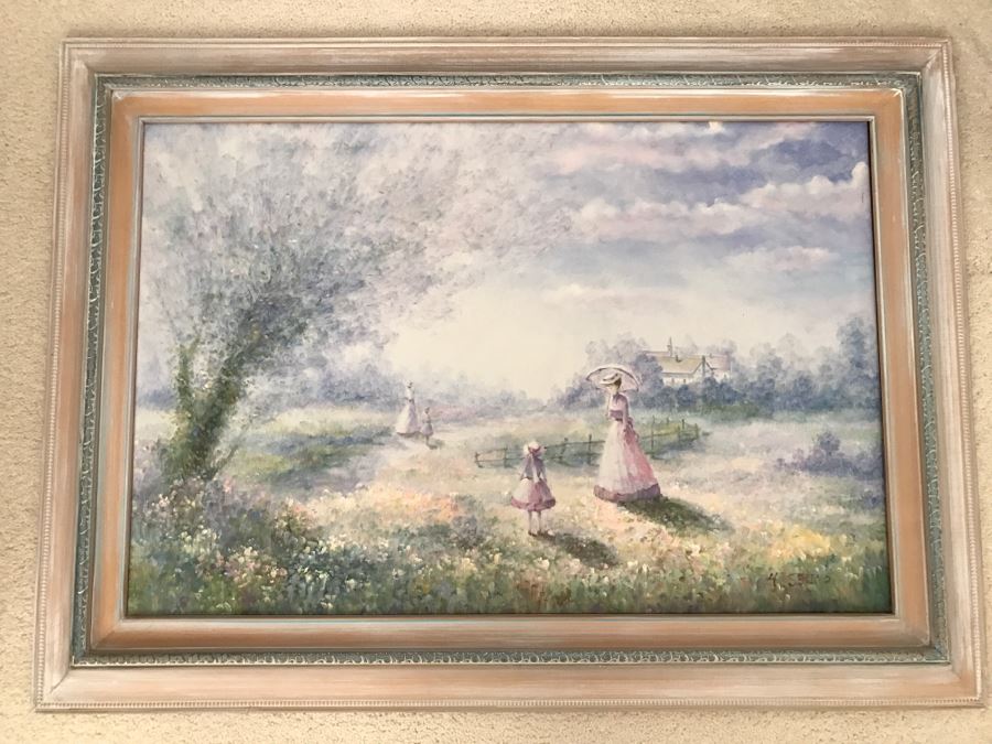 JUST ADDED - Original Oil Painting Of Women And Children In A Field Signed H. Sereno Nicely Framed