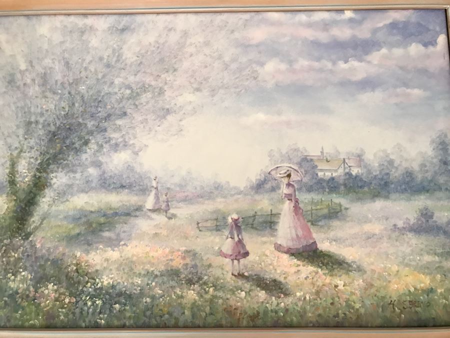 JUST ADDED - Original Oil Painting Of Women And Children In A Field Signed H. Sereno Nicely Framed [Photo 3]