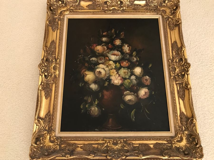 JUST ADDED - Original Still Life Of Flowers Oil Painting In STUNNING Ornate Gilt Wood Frame Signature Is Illegible Black On Black J. Lomb?? 20 X 24 LONDON Written On Back Of Canvas [Photo 4]