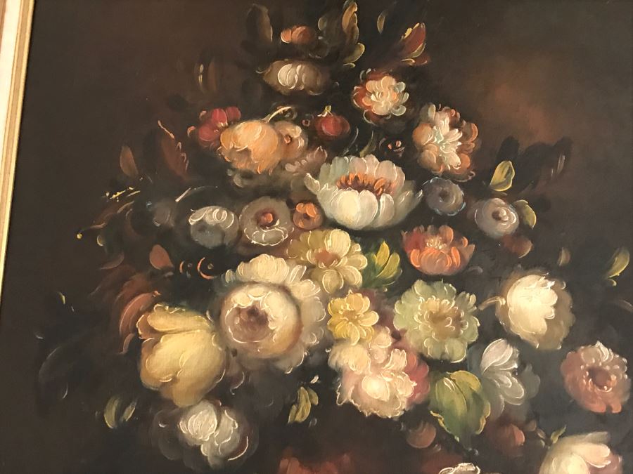 JUST ADDED - Original Still Life Of Flowers Oil Painting In STUNNING Ornate Gilt Wood Frame Signature Is Illegible Black On Black J. Lomb?? 20 X 24 LONDON Written On Back Of Canvas [Photo 10]