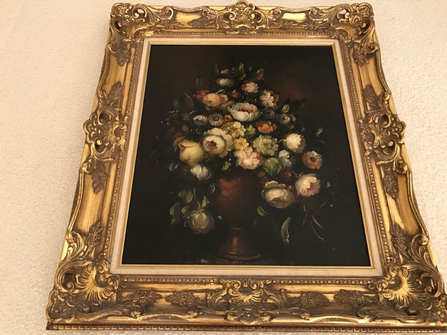 JUST ADDED - Original Still Life Of Flowers Oil Painting In STUNNING Ornate Gilt Wood Frame Signature Is Illegible Black On Black J. Lomb?? 20 X 24 LONDON Written On Back Of Canvas [Photo 5]