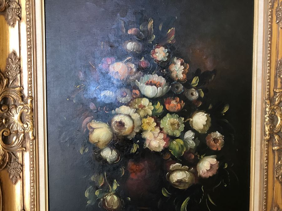 JUST ADDED - Original Still Life Of Flowers Oil Painting In STUNNING Ornate Gilt Wood Frame Signature Is Illegible Black On Black J. Lomb?? 20 X 24 LONDON Written On Back Of Canvas [Photo 17]