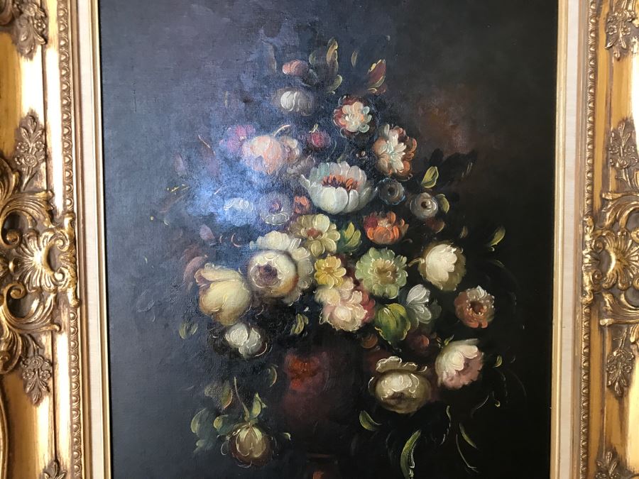 JUST ADDED - Original Still Life Of Flowers Oil Painting In STUNNING Ornate Gilt Wood Frame Signature Is Illegible Black On Black J. Lomb?? 20 X 24 LONDON Written On Back Of Canvas [Photo 18]