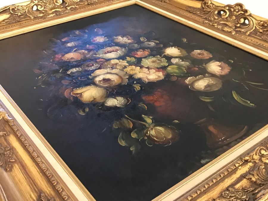 JUST ADDED - Original Still Life Of Flowers Oil Painting In STUNNING Ornate Gilt Wood Frame Signature Is Illegible Black On Black J. Lomb?? 20 X 24 LONDON Written On Back Of Canvas [Photo 16]