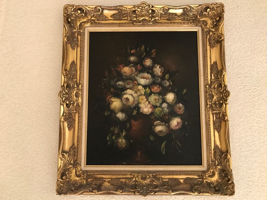 JUST ADDED - Original Still Life Of Flowers Oil Painting In STUNNING Ornate Gilt Wood Frame Signature Is Illegible Black On Black J. Lomb?? 20 X 24 LONDON Written On Back Of Canvas