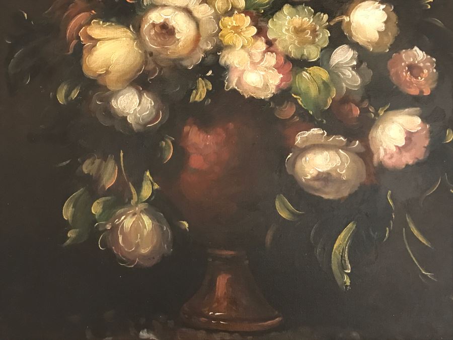 JUST ADDED - Original Still Life Of Flowers Oil Painting In STUNNING Ornate Gilt Wood Frame Signature Is Illegible Black On Black J. Lomb?? 20 X 24 LONDON Written On Back Of Canvas [Photo 11]