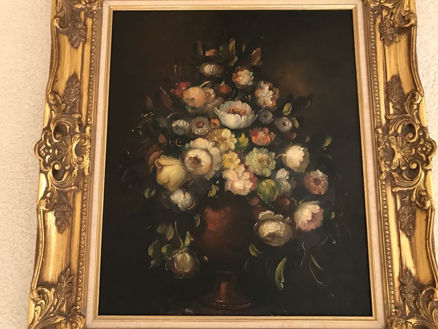 JUST ADDED - Original Still Life Of Flowers Oil Painting In STUNNING Ornate Gilt Wood Frame Signature Is Illegible Black On Black J. Lomb?? 20 X 24 LONDON Written On Back Of Canvas [Photo 6]