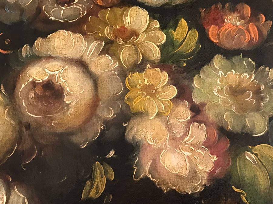 JUST ADDED - Original Still Life Of Flowers Oil Painting In STUNNING Ornate Gilt Wood Frame Signature Is Illegible Black On Black J. Lomb?? 20 X 24 LONDON Written On Back Of Canvas [Photo 8]