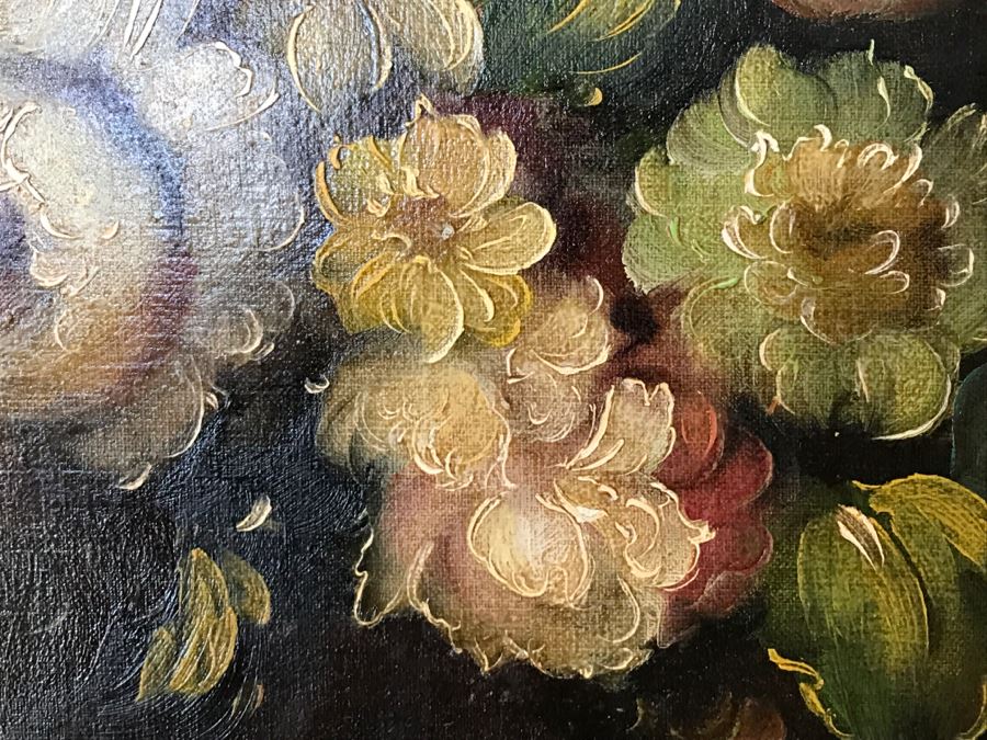 JUST ADDED - Original Still Life Of Flowers Oil Painting In STUNNING Ornate Gilt Wood Frame Signature Is Illegible Black On Black J. Lomb?? 20 X 24 LONDON Written On Back Of Canvas [Photo 20]