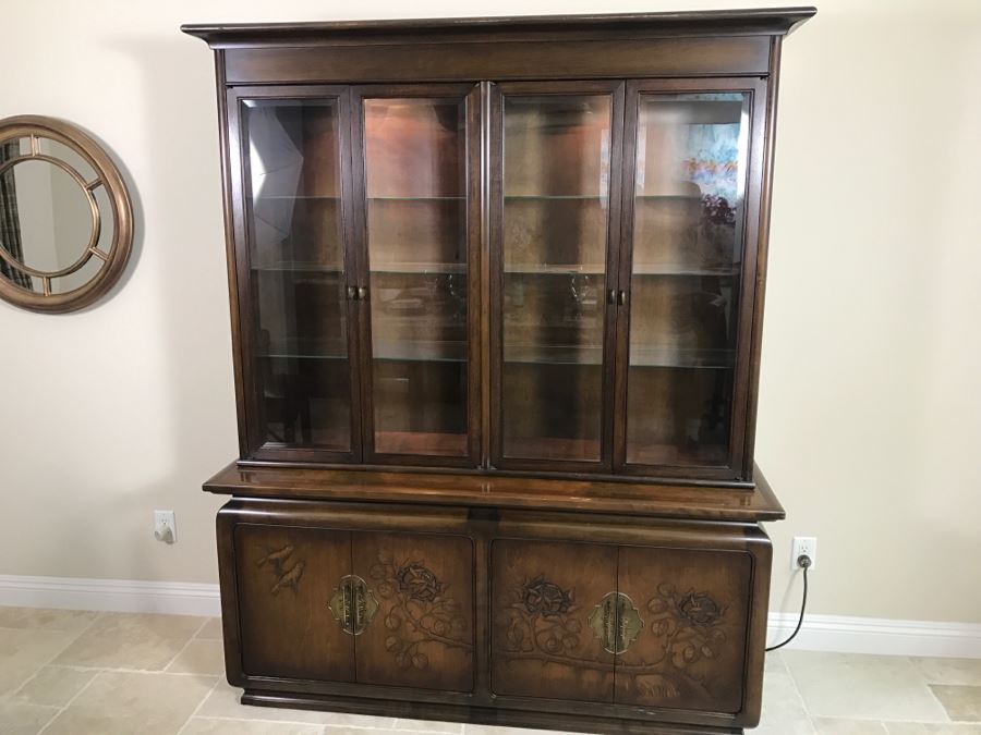 Stunning Wooden 2-Piece Chinoiserie China Display Cabinet With Lower Storage Carved Rose And Bird Motif [Photo 2]