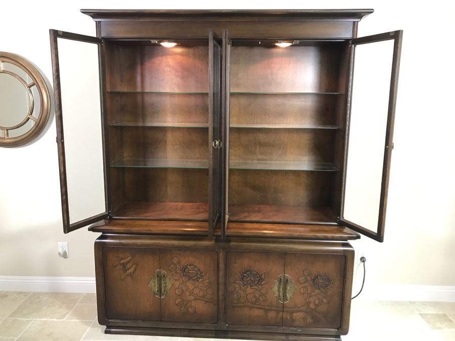 Stunning Wooden 2-Piece Chinoiserie China Display Cabinet With Lower Storage Carved Rose And Bird Motif [Photo 5]
