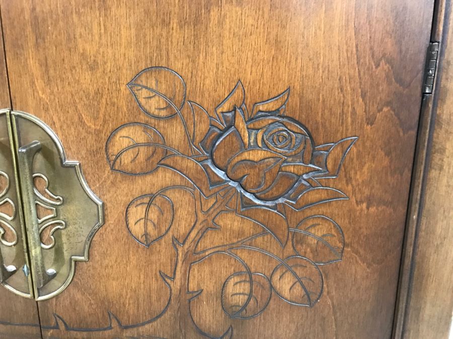 Stunning Wooden 2-Piece Chinoiserie China Display Cabinet With Lower Storage Carved Rose And Bird Motif [Photo 11]