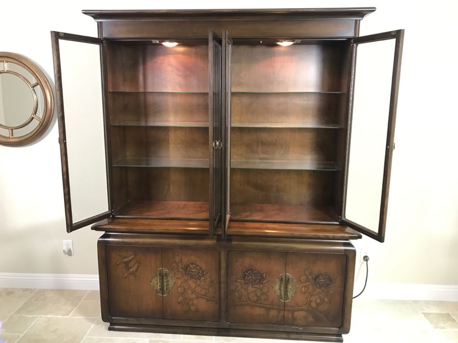 Stunning Wooden 2-Piece Chinoiserie China Display Cabinet With Lower Storage Carved Rose And Bird Motif [Photo 4]