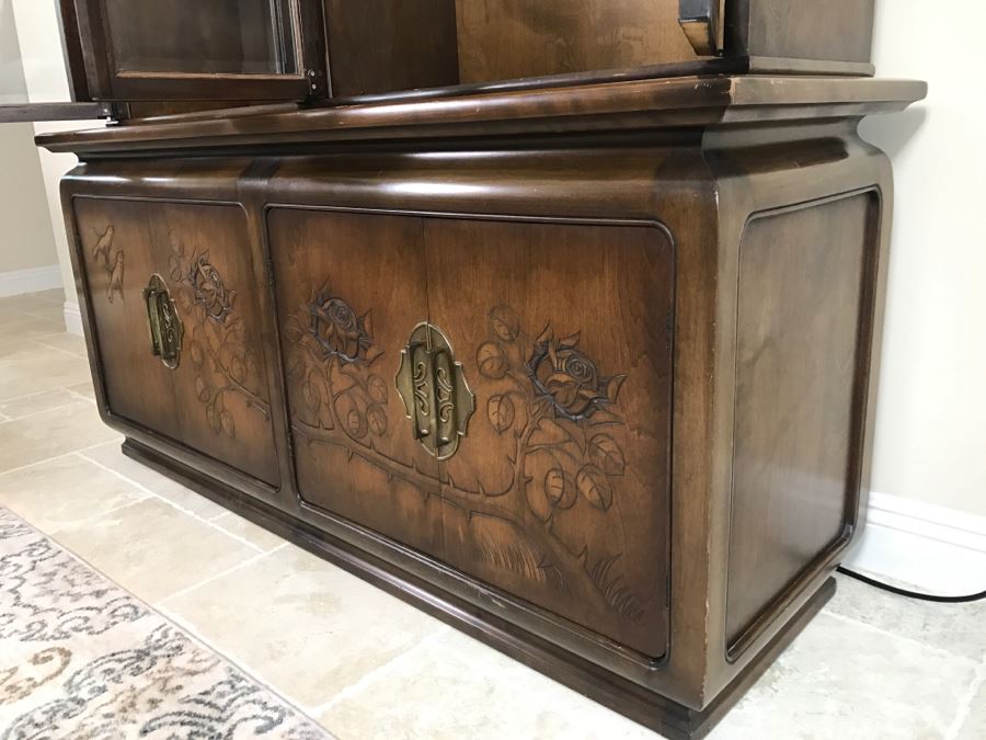 Stunning Wooden 2-Piece Chinoiserie China Display Cabinet With Lower Storage Carved Rose And Bird Motif [Photo 8]