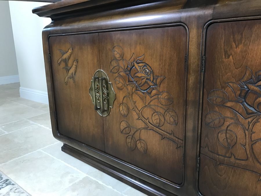 Stunning Wooden 2-Piece Chinoiserie China Display Cabinet With Lower Storage Carved Rose And Bird Motif [Photo 13]